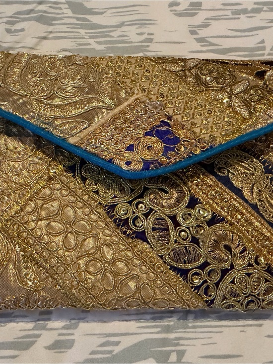 Handbags - Gold Embroidered Clutch with Blue Trim